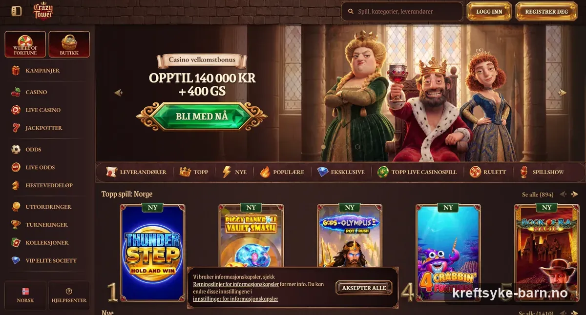 Skjermbilde av forsiden til Crazytower Casino med velkomstbonus på 500 % opptil 140 000 kr