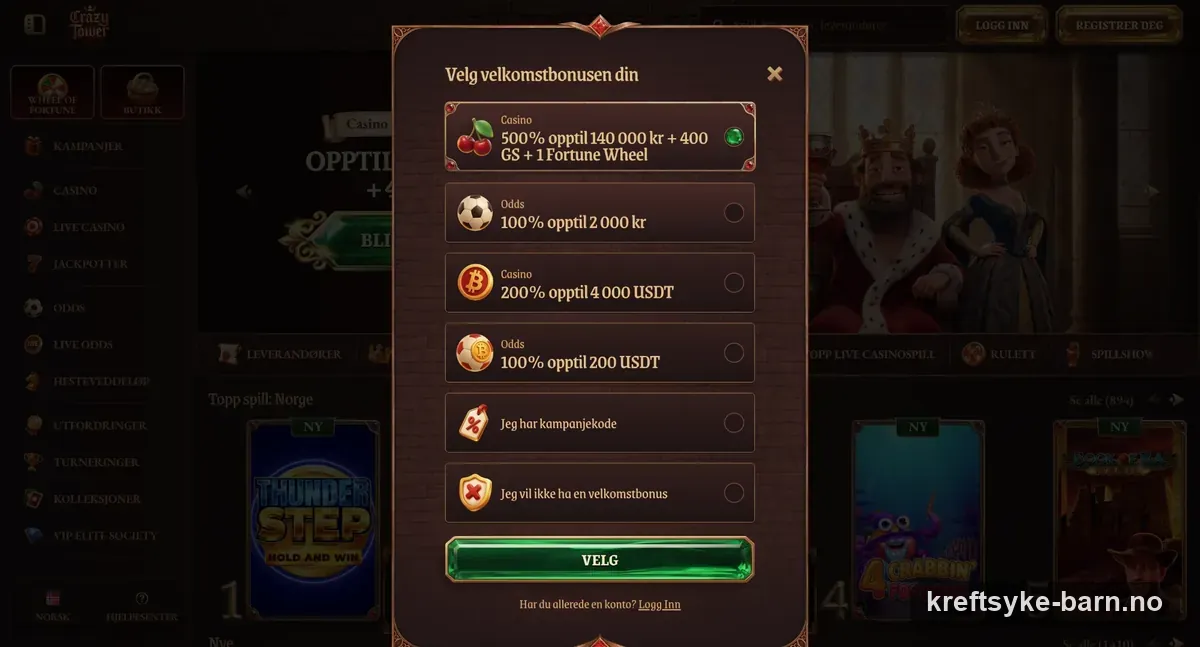 Crazytower Casino: valg av velkomstbonus ved registrering