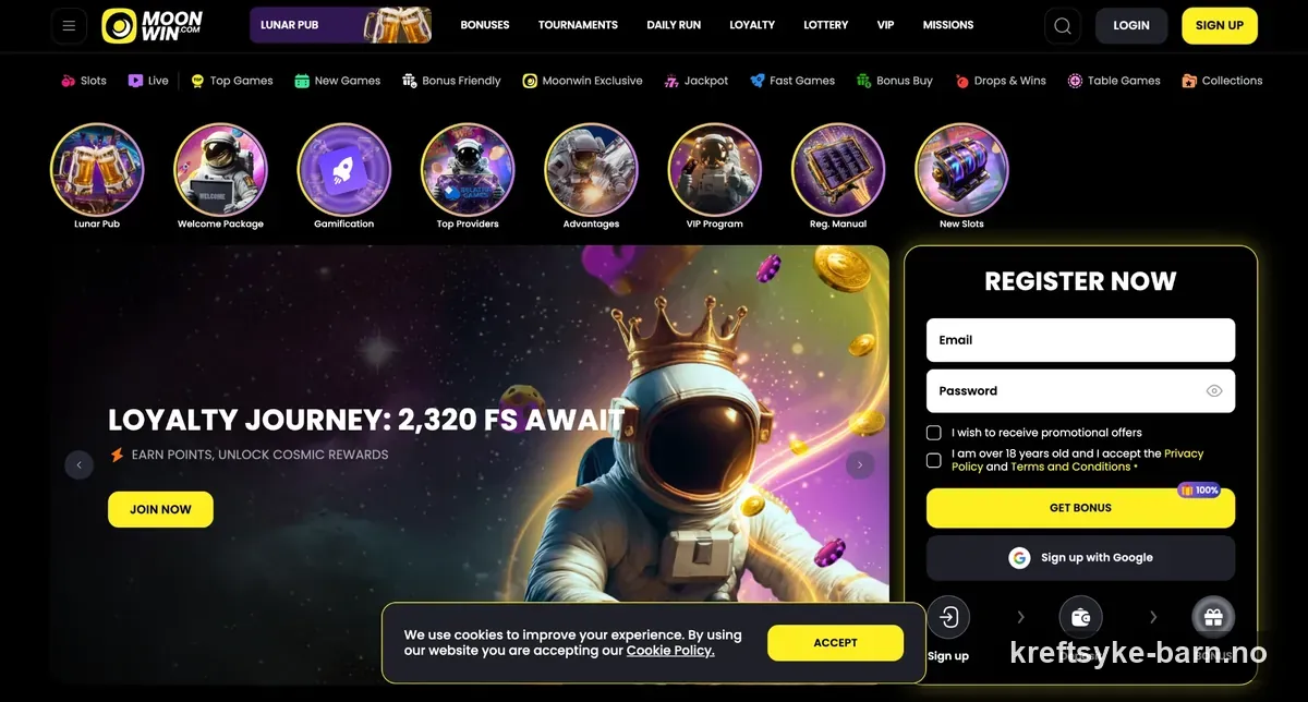 Skjermbilde av forsiden til Moonwin Casino med velkomstbonus på 100 % opptil 65 000 kr