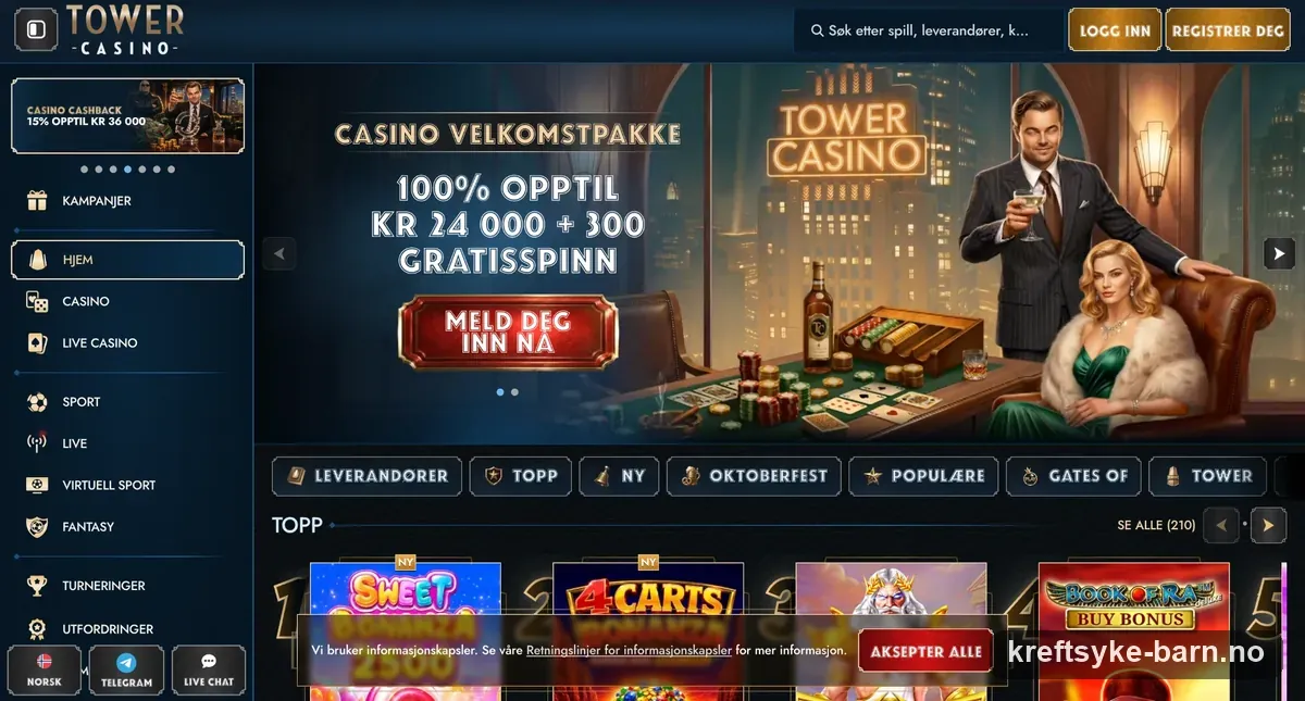 Skjermbilde av forsiden til Tower Casino med velkomstbonus på 100 % opptil 24 000 kr