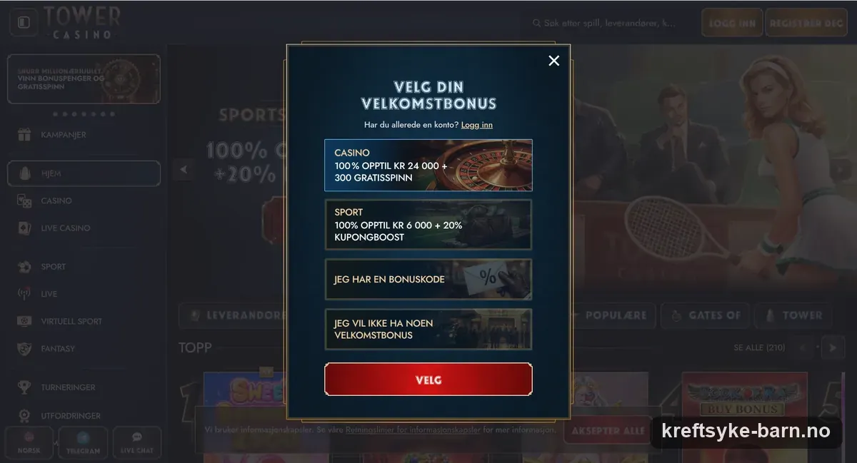 Tower Casino: valg av velkomstbonus ved registrering